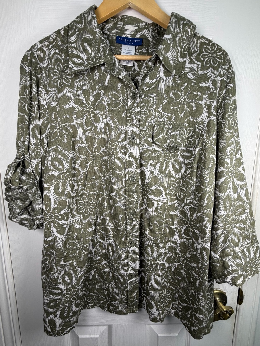 Karen Scott Olive Green Floral Blouse Women's 1X Earthy Cottagecore Botanical